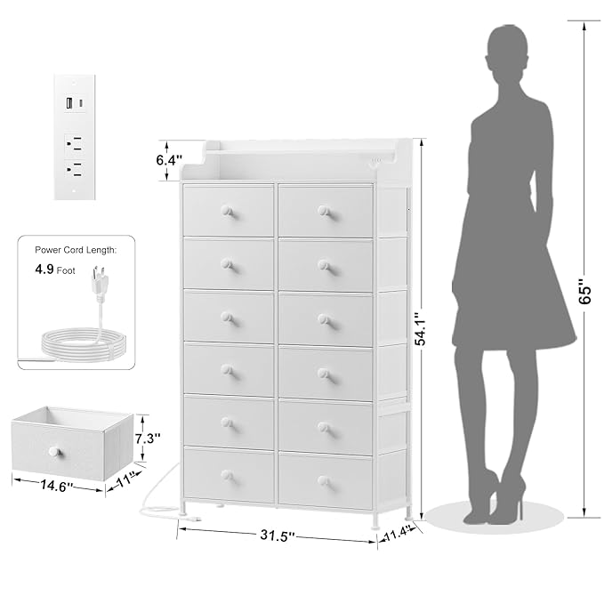 REAHOME Dresser for Bedroom with Charging Station and LED Lights, 12 Drawers Dresser TV Stand with Wooden Top, Tall Fabric Chest of Drawer with Sturdy Frame for Closet, Living Room, Hallway, White