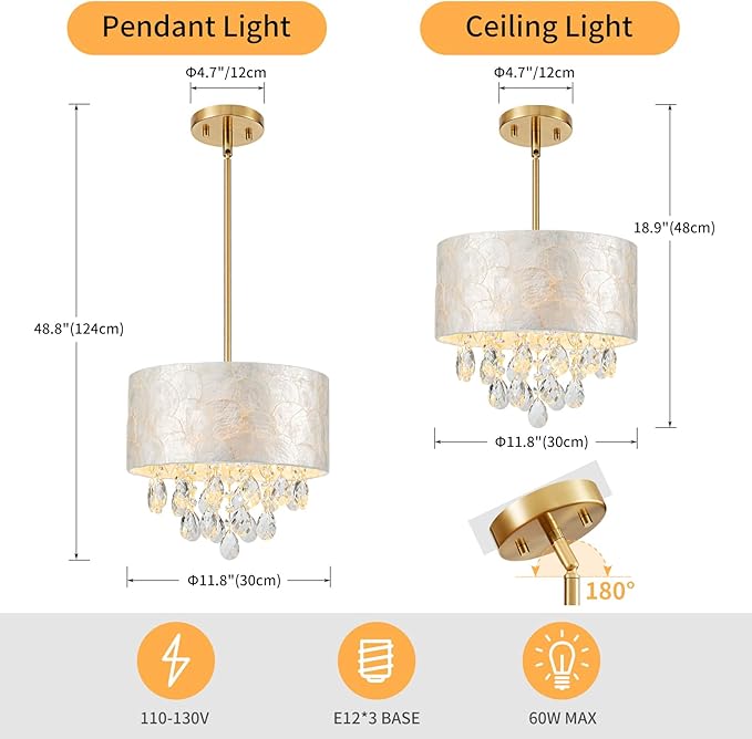 Small 3-Light Drum Capiz Shell Crystal Chandelier, Coastal Style Pendant Light Fixture for Dining Room, Living Room, D12 x H19~49"(Adjustable), Shell Lampshade & Gold Finish