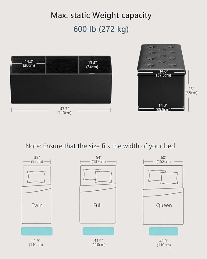 GLAXYFUR Storage Ottoman Bench, 43 Inches Folding Ottoman with 2 Dividers, PU Leather Foot Rest, End of Bed Bench, Storage Chest for Living Room, Bedroom and Entryway, Black