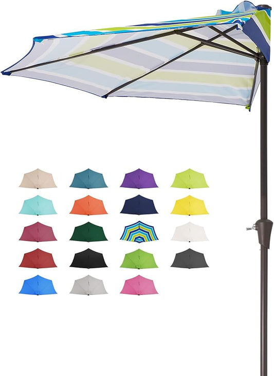 JEAREY 9ft Half Umbrella Outdoor Patio Umbrella Market Umbrellas with Crank, 1/2 Round Wall Umbrella 5 Sturdy Ribs UV Protection for Pool Garden Balcony Deck, Blue & Green Strip
