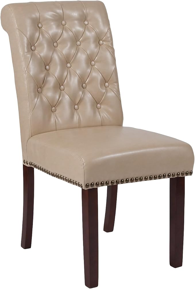 Flash Furniture HERCULES Series Beige LeatherSoft Parsons Chair with Rolled Back, Accent Nail Trim and Walnut Finish
