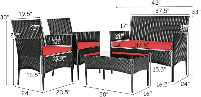 Tangkula 8 Piece Patio Furniture Set, Outdoor Wicker Conversation Set with Tempered Glass Coffee Table, Rattan Loveseat & Chairs Set with Seat Cushions for Backyard, Garden, Poolside (2, Red)