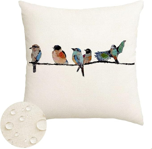 RABUSOFA Outdoor Pillow Covers Waterproof 18x18 Inch,Outdoor Bird Lumbar Throw Pillow Cases Small Decorative Pillows for Couch Patio Furniture Polyester Linen Teal Blue