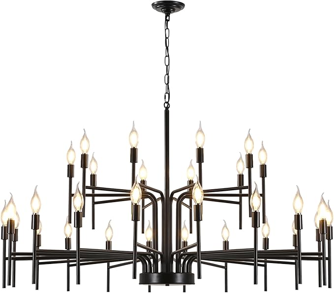 Black Chandelier 30 Light Large Modern Farmhouse Chandeliers for Dining Room Lights Fixture, 47" Round Candle Large Chandeliers for High Ceilings Living Room Foyer Entryway 2 Tier