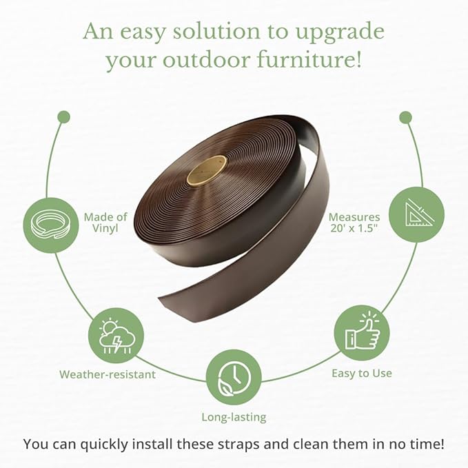 Sunniland Patio 1.5" Wide x 20' Roll Vinyl Strap for Patio Pool Lawn Garden Furniture, Make Your Own Replacement Straps, Includes 20 Free Fasteners, Brown