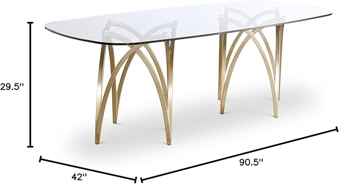 Meridian Furniture 553-T Madelyn Collection Modern | Contemporary Brushed Brass Base Dining Table with 15MM Thick Glass, 87" W x 39.5" D x 30" H, Gold