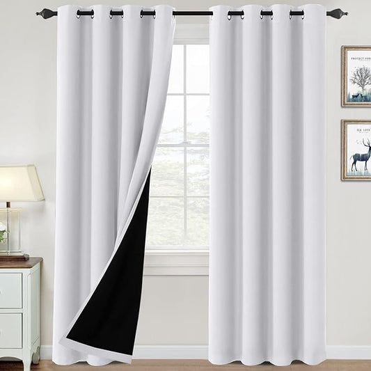 H.VERSAILTEX 100% Blackout Curtains for Bedroom Thermal Insulated Blackout Curtains 96 inch Length Full Light Blocking Curtains for Living Room with Black Liner 2 Panels Set, Pure White