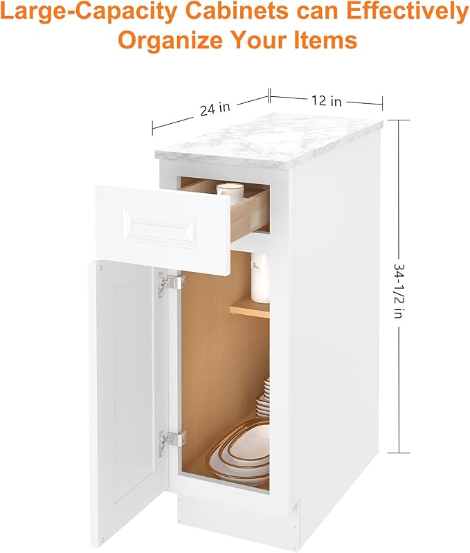 LOVMOR Kitchen Base Cabinets, Sideboard Storage Cabinet, Entryway Cabinet with 1-Drawer & Adjustable Shelf, 12" W X 24" D X 34-1/2"H