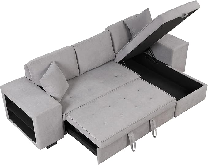 Merax Sleeper Sofa Bed with Reversible Storage Chaise Lounge and 2 Storage Ottoman, L-Shape Couch for Living Room