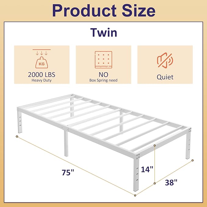 14 Inch Twin Bed Frames No Box Spring Needed, Heavy Duty Metal Twin Platform Bed Frame with Large Underbed Storage Space, Noise Free, Easy Assembly, White