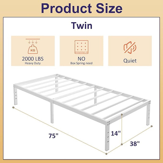 14 Inch Twin Bed Frames No Box Spring Needed, Heavy Duty Metal Twin Platform Bed Frame with Large Underbed Storage Space, Noise Free, Easy Assembly, White