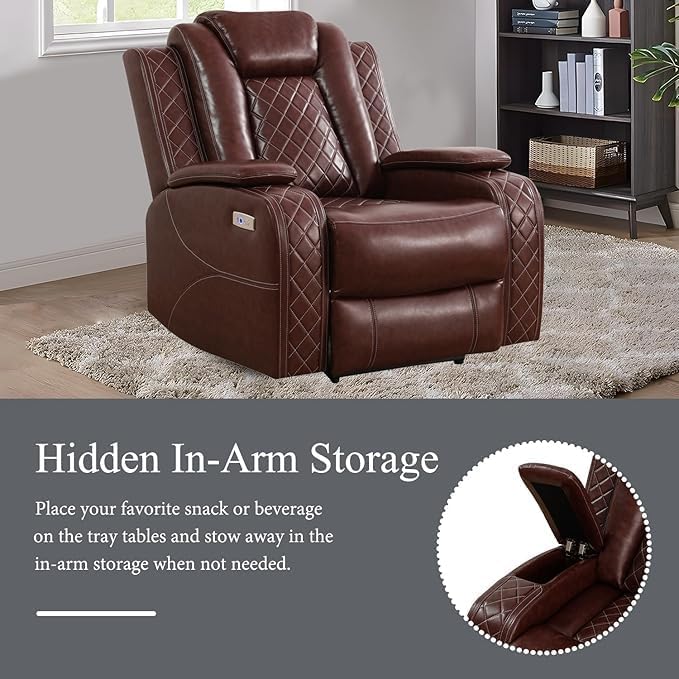 Power Recliner Sofa Set, Breathing Leather Reclining Couch Set, 3 Piece Living Room Furniture Set with LED Lights/Charging Ports/Storage for Home/Office (Auburn, Sofa+Loveseat+Chair)