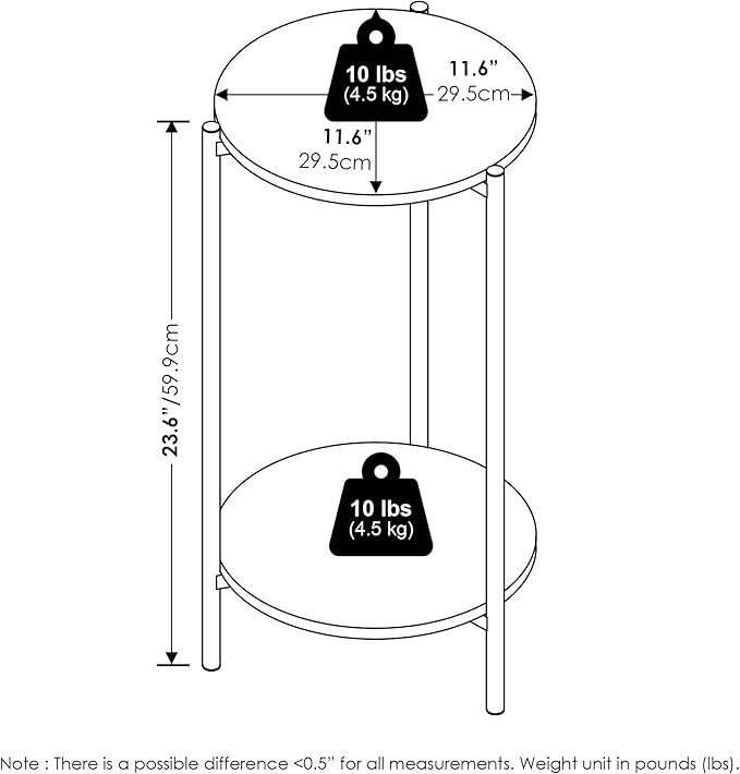 Furinno BESI Side Table Set of 2, 2-Tier Small Round End Table with Metal Legs, Night Stand, Bedside Table, Easy Assembly, for Living Room, Bedroom, White