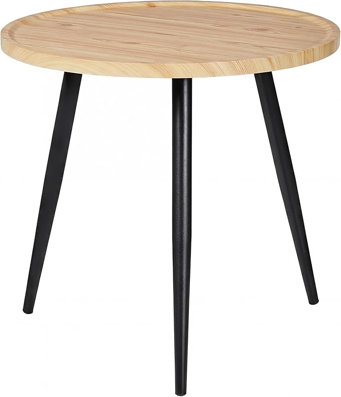VECELO Modern Side Table, Round Small End Table, Exclusively Designed Hand-Crafted Small Nightstand, Solid Wood,Oak top with Black Metal Legsfor Bedrooms, Living Rooms and Home Office