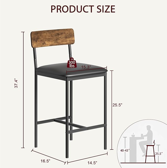 Amyove Bar Stools Set of 2, Upholstered Bar Chairs with Back, 25.5 Inches Kitchen Bar Stools with Footrest, Thick Cushion, Counter Height Barstools for Island, Counter Bar, Easy Assembly, Rustic Brown