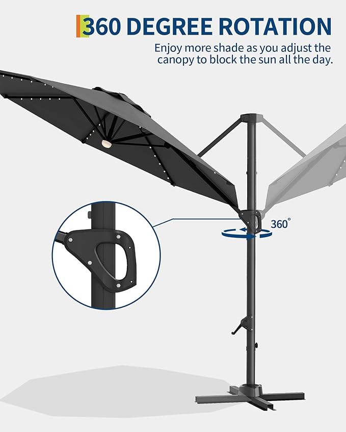 GarveeLife 10FT Patio Umbrella Outdoor Solar LED Large Cantilever Umbrella Market Sun Shade Windproof Offset Umbrella with 360-Degree Rotation for Garden Deck Pool Patio