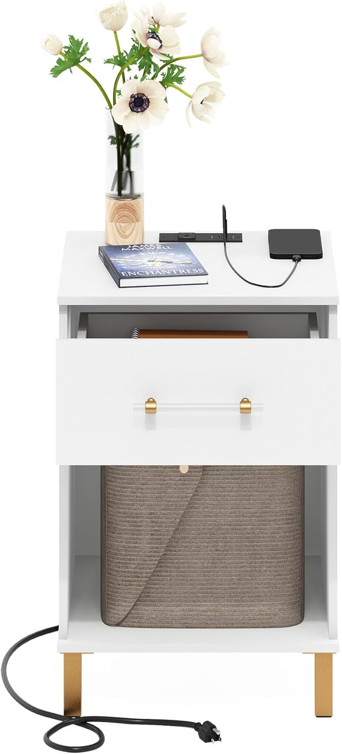 Furinno TIDUR Side Table, Modern Drawer End Table with Charging Station, Night Stand, Bedside Table with USB and Type-C Charging Port, for Living Room, Bedroom, White