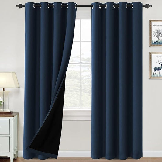 H.VERSAILTEX 100% Blackout Curtains for Bedroom Thermal Insulated Blackout Curtains 96 inch Length Heat and Full Light Blocking Curtains for Living Room with Black Liner 2 Panels Set, Navy