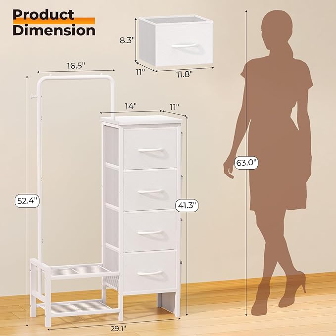 Dresser with Hanging Rack - 52" Tall Clothes Rack with Drawers, 4 Drawers & 4 Side Bags, Fabric Chest of Drawers with with Bottom Shelves, Kids Dresser for Bedroom, Living Room-White