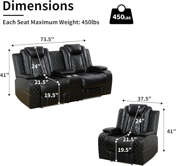 Power Leather Recliner Sofa Set with LED Light,Reclining Loveseat and Chair Set with USB,Leather Couch Set for Loveseat with Storage Console/Single Recliner 2 PCS for Living Room(Black,2+1)