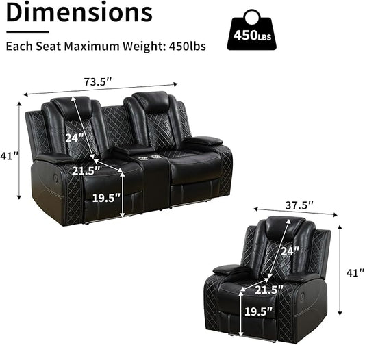 Power Leather Recliner Sofa Set with LED Light,Reclining Loveseat and Chair Set with USB,Leather Couch Set for Loveseat with Storage Console/Single Recliner 2 PCS for Living Room(Black,2+1)