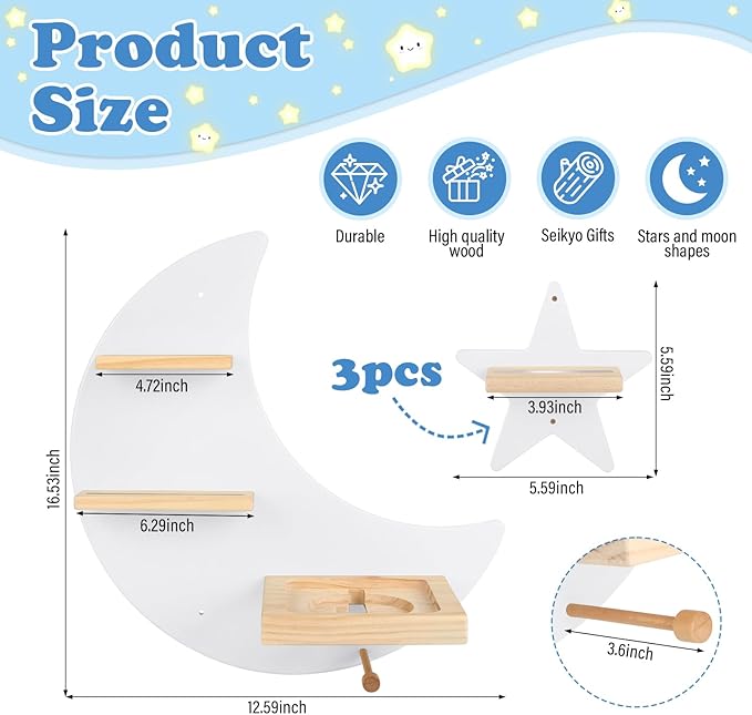 Moon + Stars for Toniebox 1/2 Tonies Figures Organizer Storage Shelf Wall Mounted, Magnetic Floating Shelves for Toniebox Player, Characters, Earphones, Display Collection 20~30 Characters (White)