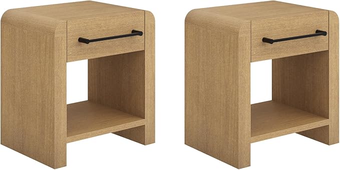 Nathan James Benjamin 1-Drawer Modern Nightstand, Rustic Bedside Table with Drawer, Rounded Edges with Metal Handle, Light Brown Set of 2
