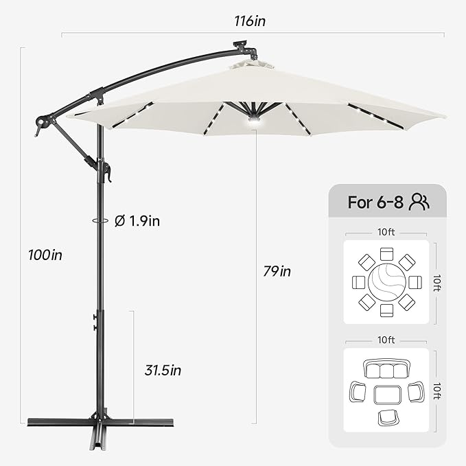 FLAME&SHADE 10ft Solar Cantilever Umbrella with 40 LED Lights, Lighted Large Offset Outdoor Patio Umbrellas, 8 Sturdy Ribs, UPF50+ UV Protection for Pool Deck Garden Yard, Ivory