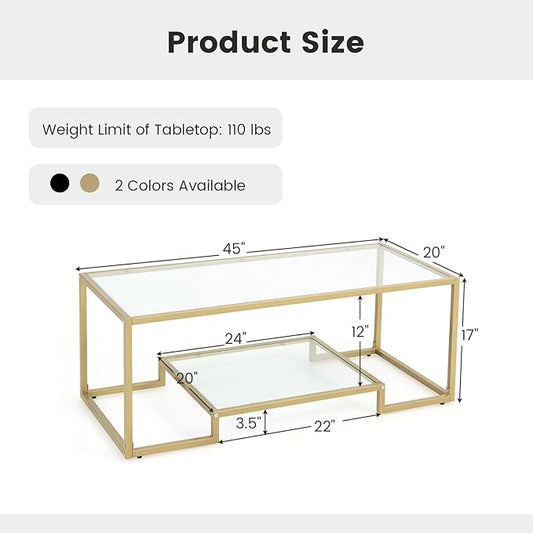 NAFORT Tempered Glass Coffee Table, 45 Inch Gold Rectangular Modern Center Table with Lower Storage Shelf