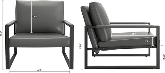 AWQM Leather Accent Chair Set of 2 Sofa Chair Extra-Thick Padded Backrest Seat Cushion Single Sofa Bedroom, Black Metal Frame, 105 Degree Slant Back-Grey（Set of 2）