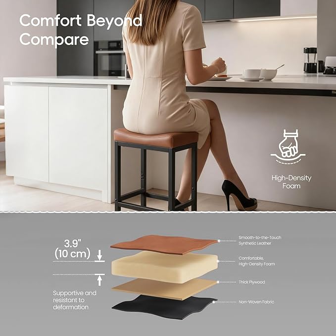 Counter Height Bar Stools Set of 2, 30 Inch Bar Stools for Kitchen Counter, Faux Leather Bar Stool, Saddle Barstool with Footrest & Heavy-Duty Metal Base, Easy Assembly, Brown