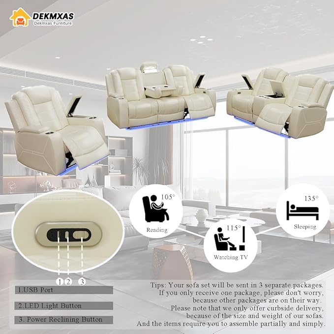 Living Room Furniture Set, Creamy White Breathing Leather Power Reclining Sofa Couch with LED Light, Power Recliner Sofa with Drop-down Table/Charging Ports/Storage/Cup Holders for Home Theater/Office