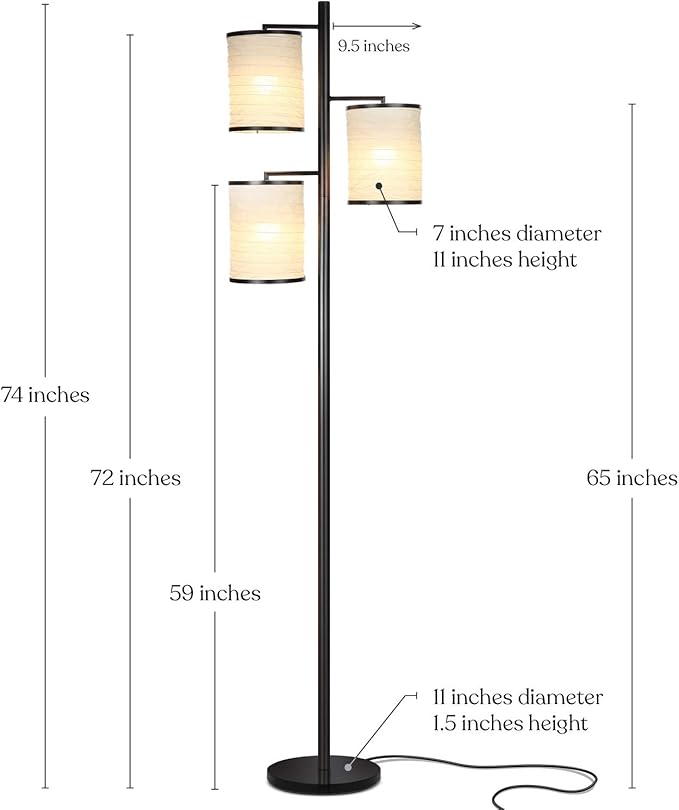Brightech Liam Floor Lamp, Great Living Room Décor, Tree Lamp for Offices, Asian Lantern Shade Lamp for Living Rooms, Standing Light with 3 LED Light Bulbs for Bedroom Reading - Black