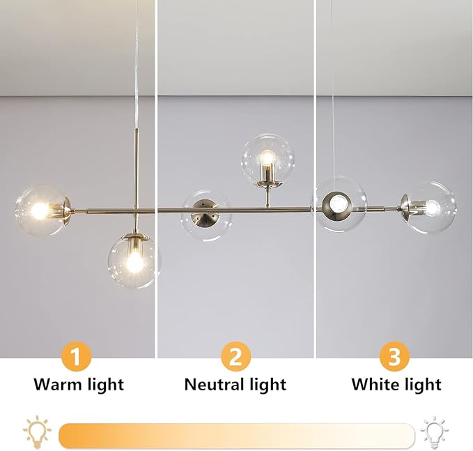 KCO Lighting 6 Light Brushed Nickel Chandelier Bubble Glass Pendant Lights Kitchen Mid Century Modern Linear Chandelier Globe Sputnik Ceiling Light for Dining Room Living Room