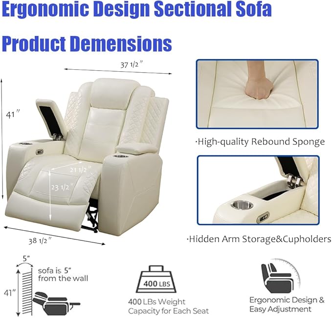 Power Recliner Sectional Sofa Set, Reclining Sectional Sofa with LED, Creamy White Power Recliner Couch Set and Chair, Sturdy Footrest Recliner Chair, Breathable Leather with Read Light