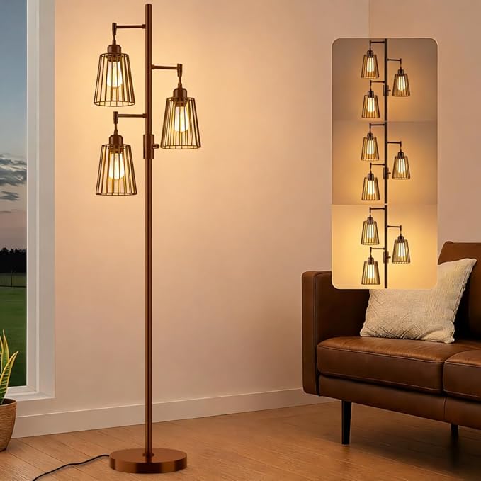 PESRAE Dimmable Industrial Floor Lamp, Farmhouse Floor Lamp Standing Lamp with 3 Elegant Teardrop Cage Heads & Included 3 x 1200LM Edison LED Bulbs, Tall Lamp for Living Room, Bedroom(Brown)