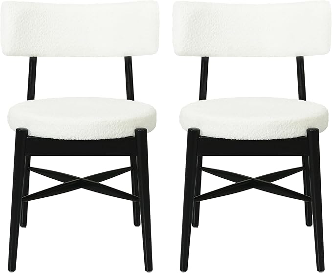 Christopher Knight Home Ebany Dining Chairs Set of 2, Boucle Kitchen Chair, Upholstered Curved Backrest Accent Chair, Rubberwood X Shaped Frame, Dining Room Chair for Cafeteria Home, Beige+Black