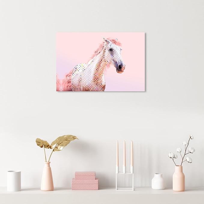 Country Farmhouse Canvas Print Painting Animal Wall Art 'Pink Glam Horse' Unframed Gallery Wrapped Canvas Rustic Home Décor 24x16 in Pink, White by Oliver Gal
