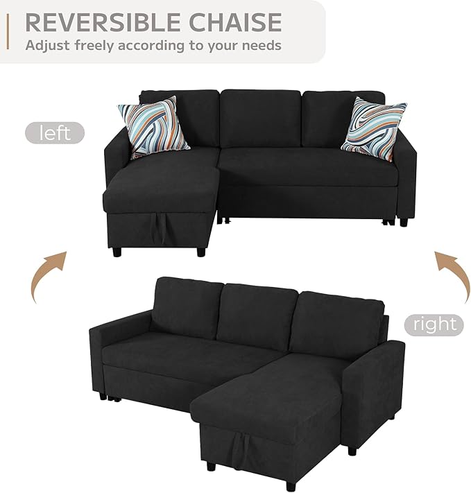 Yafylly L-Shaped Sleeper Sofa with Chaise Lounge & Storage, Pull-Out Couch Bed with Recliner, Full Size Futon for Living Room, Office, Apartment Black