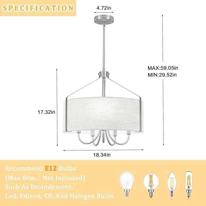 5-Light Modern Drum Chandelier for Dining Room 18" Farmhouse Pendant Light with Linen Lampshade – Brushed Nickel Chandelier for Kitchen Island, Living Room, Bedroom, Entryway & Foyer