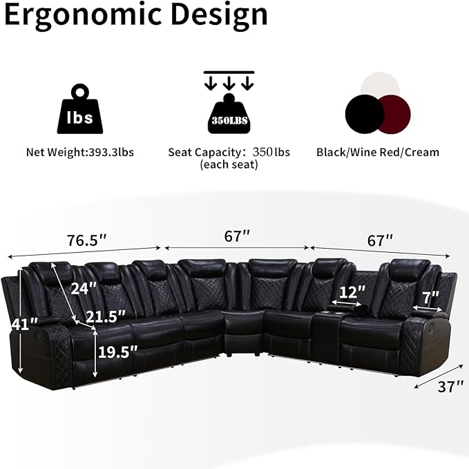 Power Recliner Sofa Sectional Couches with LED Light,Leather Reclining Corner Sectional Sofa Set with 2 Recliner Seats,Cup Holder,Storage Console for Living Room,Black