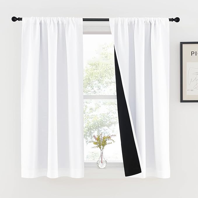 NICETOWN 100% Blackout Kitchen Curtains 54 inches Long, Completely Blackout Window Treatment Thermal Insulated Lined Rod Pocket Drapes for Infant (White, 1 Pair, 37 inches Width Each Panel)