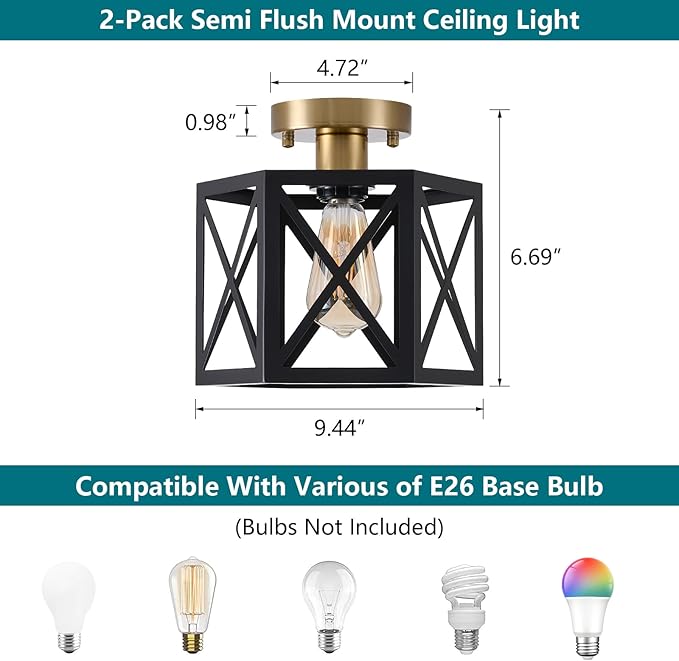 Black Gold Flush Mount Ceiling Light Fixtures, Farmhouse Ceiling Lights with Hexagonal Metal Cage, Modern Close to Ceiling Lamp, Small Chandelier for Kitchen Hallway Porch Bedroom, 2 Pack