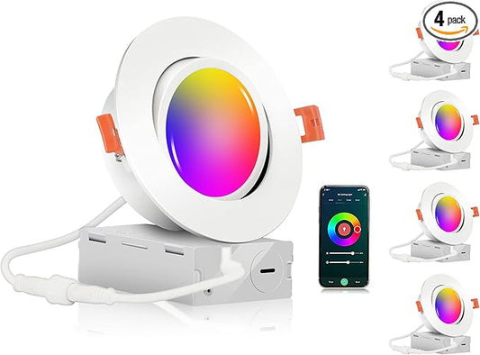 CLOUDY BAY 4 inch Gimbal Smart WiFi LED Recessed Lights,RGBCW Color Changing,Compatible with Alexa and Google Home Assistant,No Hub Required,2700K-6500K,IC Rated,Pack of 4