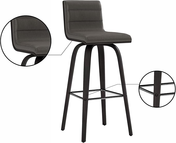 Vienna 30" Swivel Bar Stool in Black Wood Finish with Gray Faux Leather - Set of 4
