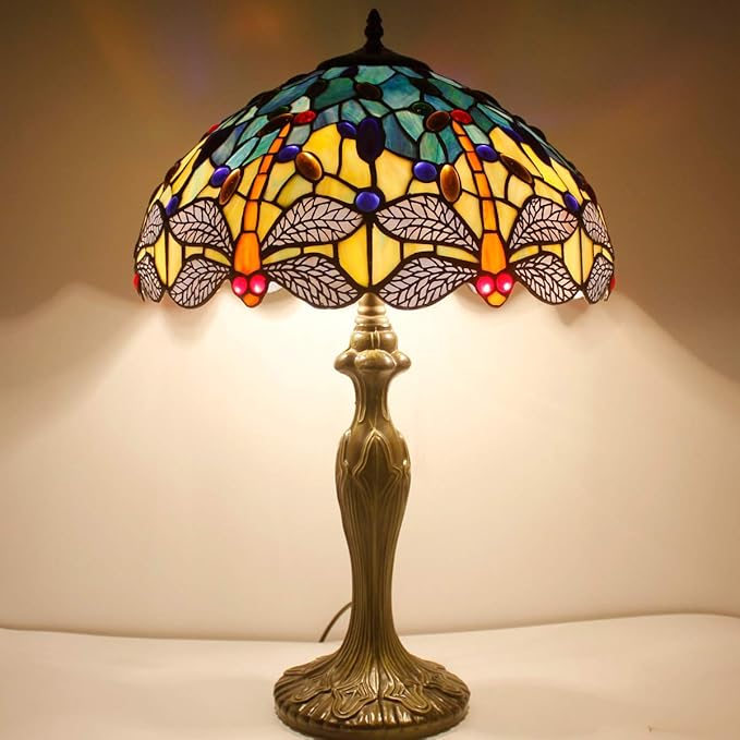 WERFACTORY Tiffany Lamp Stained Glass Bedside Table Lamp Navy Blue Yellow Turquoise Dragonfly 16X16X24 Inch Desk Light Metal Base Decor Bedroom Living Room Home Office S128 Series