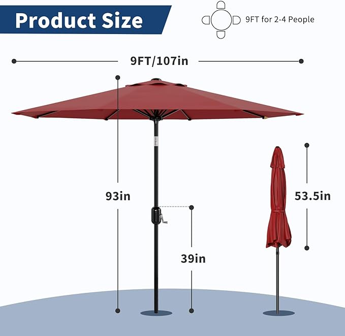 Garvee 9 ft Patio Umbrella - 8 Sturdy Ribs Outdoor Table Umbrella with Crank Lift & Push Button Tilt - Market Umbrella for Pool, Deck, Yard, Garden - Red