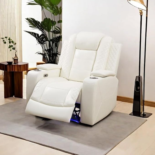 A Ainehome Power Leather Recliner Sofa Set with LED Lights, Recliner Sofa Sectional Couches for Living Room, Reclining Sofa and loveseat with USB Port/Storage Console(Creamy White,Chair)