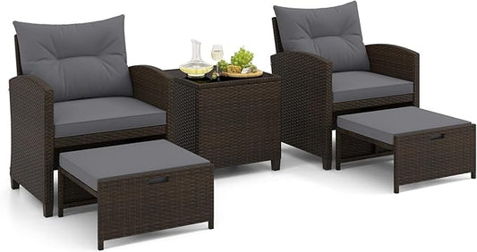 Tangkula 5 Pieces Patio Conversation Set, PE Wicker Rattan Outdoor Furniture Set with 2 Chairs, 2 Ottomans & Tempered Glass Coffee Table, Ideal for Poolside, Backyard, Lawn, Deck, Mix Brown & Grey