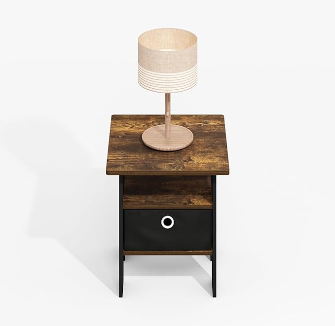Furinno Modern Side Table, Square Top End Table with Storage Bin, Night Stand, Bedside Table with Storage Shelf, for Living Room, Bedroom, Amber Oak